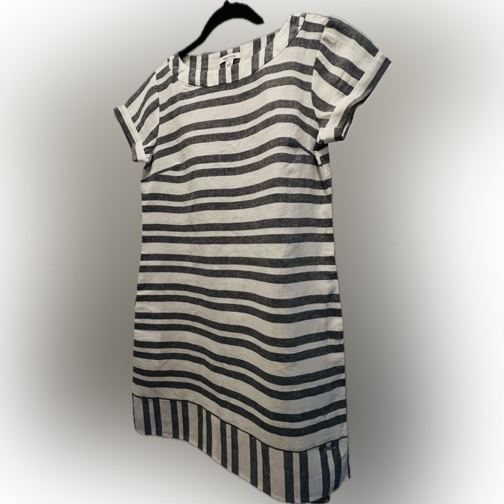 Nautica coastal blue/grey and white striped sheath dress. Size S. New.